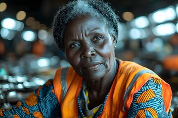 Obraz premium Elderly african woman in vibrant work attire in industrial setting