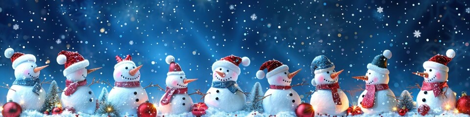 Fototapeta premium Row of joyful snowmen in a festive winter landscape with Christmas ornaments.