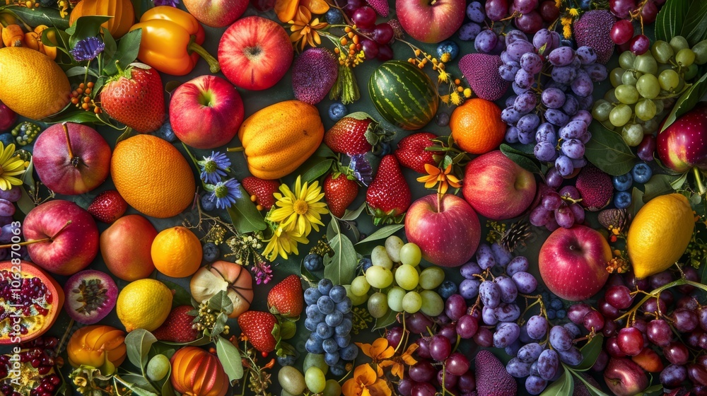 Poster overhead shot capturing the colorful array of seasonal spring fruits from above