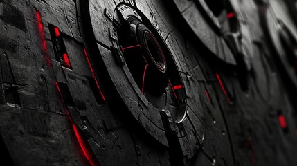 A futuristic, industrial design featuring circular patterns and glowing red accents.
