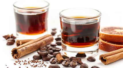 A glass of coffee with a cinnamon stick and a slice of orange on the side