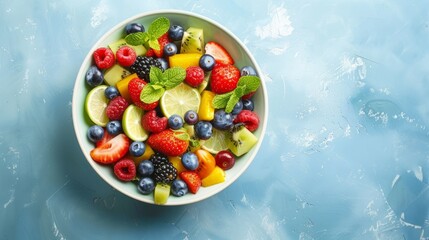 Overhead shot of a refreshing summer fruit salad in a bowl