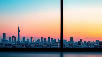 Beautiful city skyline at sunset viewed through large glass window.