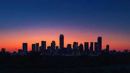 City skyline silhouette during sunset with vibrant colors.