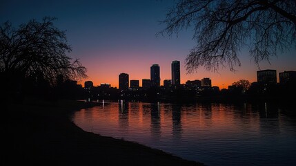 Fototapeta premium City skyline at dusk reflected in water with trees, serene and dramatic atmosphere.