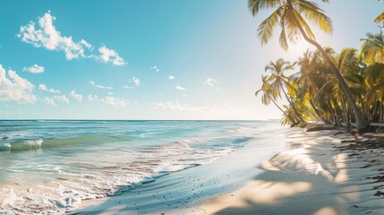 Panoramic view of a tropical beach setting with clear area for your custom text