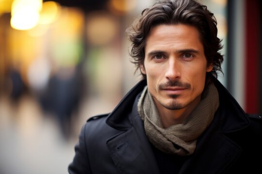 Portrait of a handsome young man in black coat and scarf.