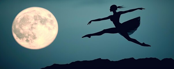 Naklejka premium Silhouette of a ballet dancer leaping under a full moon against a twilight sky.