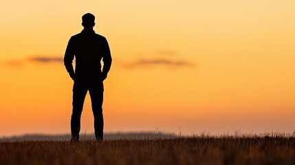 Fototapeta premium Silhouette of a person standing in a field during a vibrant sunset.