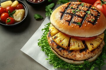 Teriyaki chicken burger without top bun, topped with grilled pineapple, lettuce, and sesame mayo, placed on the right side of a clean white table, professional overhead shot.