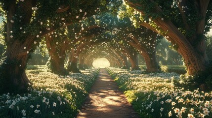 Obraz premium Magical Forest Path with White Flowers and Sunbeams