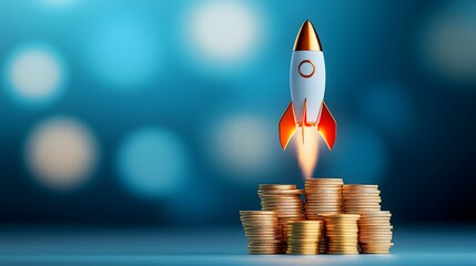 A rocket takes off from a stack of gold coins against a blurred blue background, symbolizing financial growth and success.