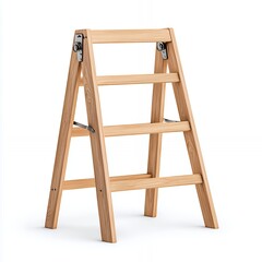 Wooden step ladder with three steps, isolated on white background.