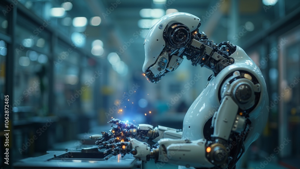 Poster advanced robot working on manufacturing line sparks innovation in ai technology