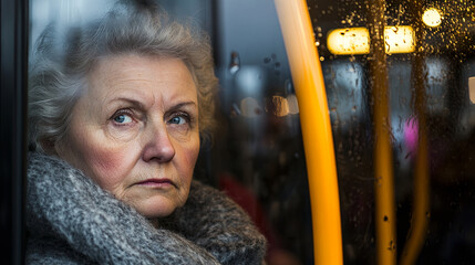 Obraz premium woman with gray hair gazes thoughtfully out of bus window, rain droplets on glass creating reflective atmosphere. Her expression conveys deep contemplation