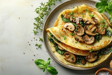 Herb Omelette. Mushroom omelette with fresh herbs basil thyme healthy