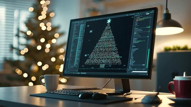 1_Digital Christmas Tree with Neon Lights in Tech Office