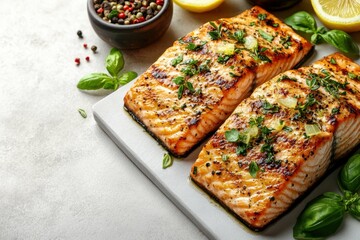 Salmon Dinner. Grilled salmon fillets with herbs and lemon slices on w