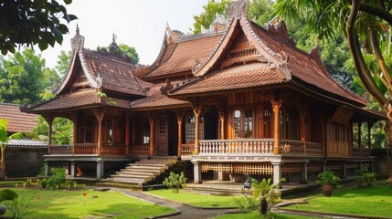 Fototapeta premium The traditional Javanese house of Indonesia is often called a joglo house, with wooden architecture and a green garden.