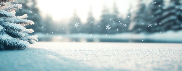 Snowflakes gently landing on a frozen lake, peaceful and quiet winter scene