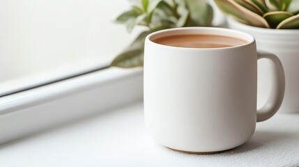 Fototapeta premium Warm mug of spiced cider on a snowy windowsill, cozy winter time vibes