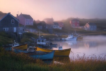 Fototapeta premium Misty Harbor Village with Boats at Sunrise