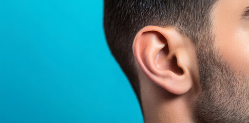 Obraz premium Male ear close-up on a blue background with space to copy. Parts of the human body.