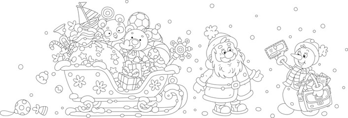 Funny toy snowman postman with letters from little children to Santa Claus preparing his sleigh with Christmas gifts for a magical journey, black and white vector cartoon illustration