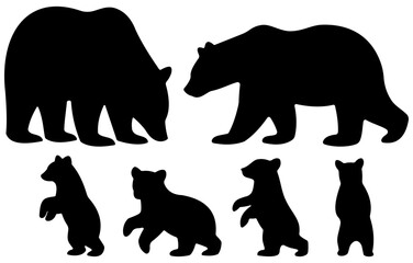 Bear family black silhouette animals. Vector Illustrator.