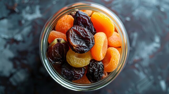 Top-down view of a glass jar filled with dried fruits, including apricots, figs, and dates, perfect for seasonal snacking