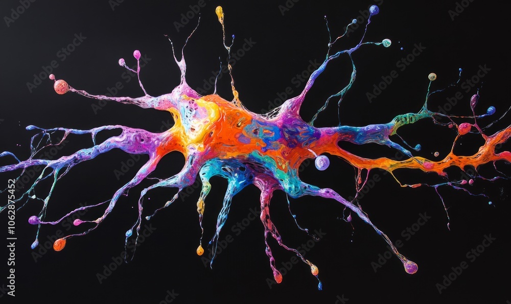 Poster vibrant depiction of a neuron with colorful extensions, representing the beauty of cellular structur