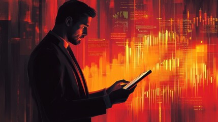 Stylized image of a businessman examining market trends on a tablet, highlighting the blend of technology and finance in investment.