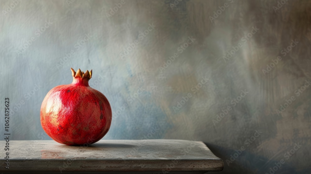 Poster tranquil simplicity with a lone pomegranate resting on a smooth surface, symbolizing the abundance o