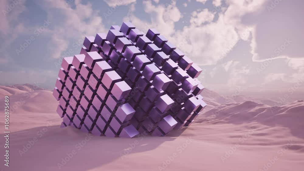 Poster an abstract 3d purple cube structure set in a dreamy and beautiful landscape environment. 3d render 