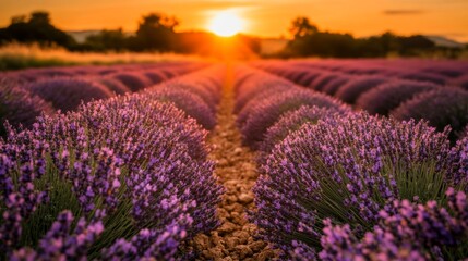 Fototapeta premium Lavender Field Sunset Purple Flowers Nature Rural Landscape