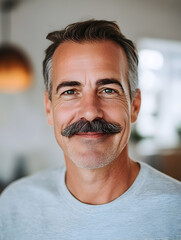 Middle-Aged Man with Mustache Smiling in Casual Indoor Setting - Movember Health Awareness Portrait 