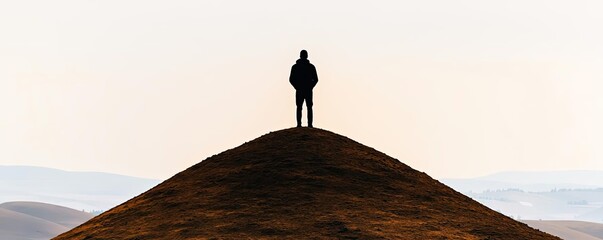 Silhouette of a person standing on a hilltop against a soft horizon.