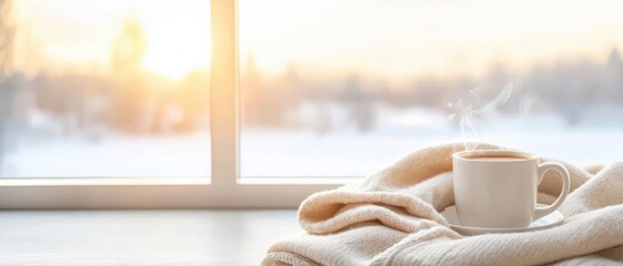 Cozy blanket and steaming cup by sunny window, winter morning ambiance.