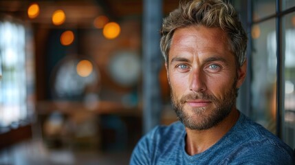 Obraz premium Handsome man with striking blue eyes enjoys a moment indoors at a cozy café with warm lighting. Generative AI