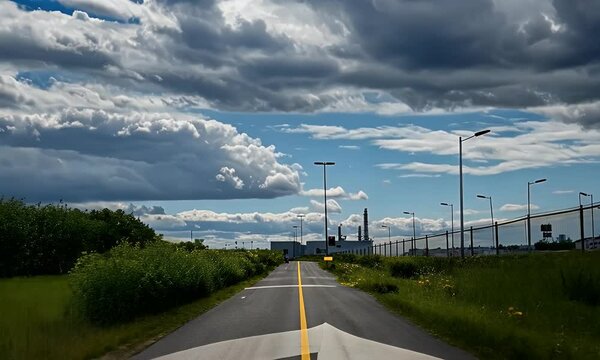 
A road leading into the distance, with yellow lines on both sides and clouds in front. In the background is an abandoned industrial area within tropical rainforests,