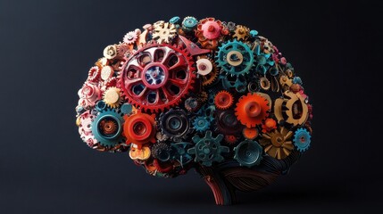 Visual representation of a brain filled with colorful gears and symbols, illustrating the process of generating and developing ideas.