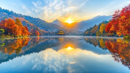 Obraz premium Golden Temple Reflections at Sunrise in Autumn Landscape