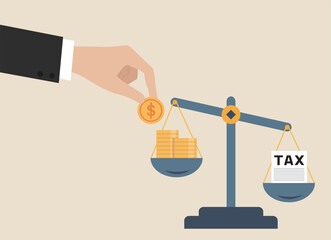 Businessman hand use coins. Scales imbalance with tax weight and cash money. 