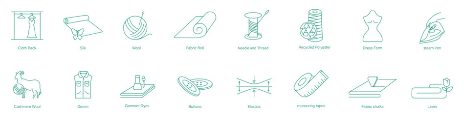 Ease Icon Set: Cloth Rack, Silk, Wool, Fabric Roll, Needle and Thread, Recyclable Polyester, Dress Form, Steam Iron, Cashmere Wool, Denim, Garment Dyes, Buttons, Elastics, Measuring Tapes, Iron Board,