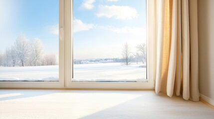 Fototapeta premium Sunlight streaming through a window onto snow-covered landscape.