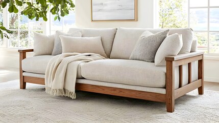 Fototapeta premium A cozy sofa with a wooden frame and soft cushions, adorned with decorative pillows and a blanket, set in a well-lit, inviting room.