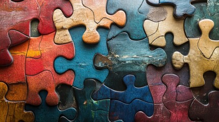 Fototapeta premium Visual representation of diverse puzzle pieces coming together, symbolizing the harmony of different ideas and cultures through integration.