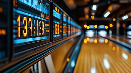 Close-up of a digital bowling scoreboard displaying scores with blurred bowling lanes and pins in the background under warm lighting.