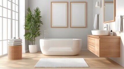 Fototapeta premium A modern bathroom featuring a freestanding tub, wooden vanity, stylish mirrors, and greenery, creating a serene and inviting space.