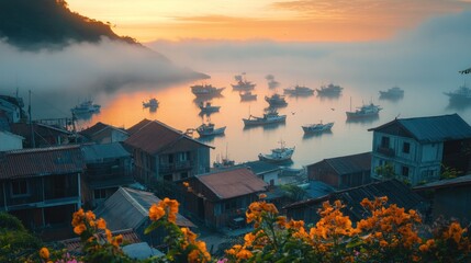 Naklejka premium Coastal Town at Dawn with Boats and Fog